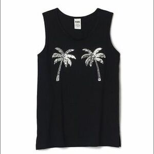 PINK Victoria’s Secret Bling Campus Palm Tree Sequin Detail Tank Black Sz Small